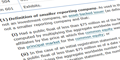 A picture of the smaller reporting company definition in Item 10(f)(1) of Regulation S-K