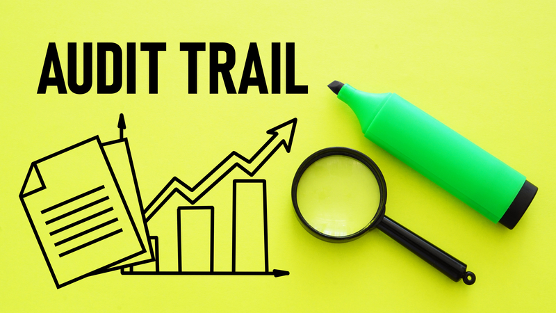 Audit trail report is shown using text with a magnifying glass and highlighter