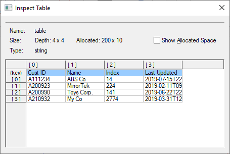 Array Value Type inspector dialog showing a table with keys