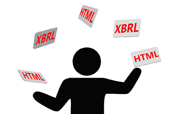 A picture of a man juggling blocks with HTML and XBRL written on them