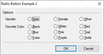 Example Dialog with two sets of radio buttons.