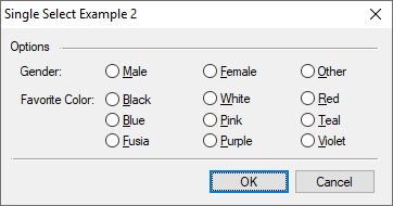 Dialog for example script showing radio buttons.
