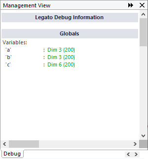 Management View with the Debug View tab open showing arrays