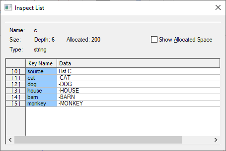 Array Value Type inspector dialog showing a list with keys