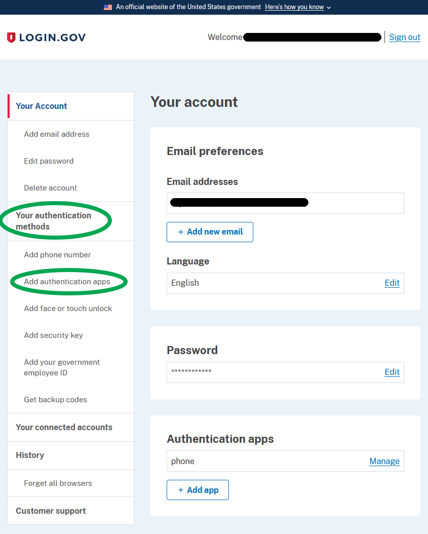 A screenshot of the Login.gov website, showing the account information page that appears when you log in. On the left navigation, Your authentication methods and the link to Add authentication apps is circled in green.