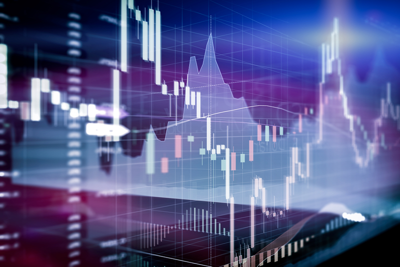 Candle stick graph and bar chart of stock market.