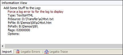 A screenshot of the log file created in the GoFiler Information View by the script.
