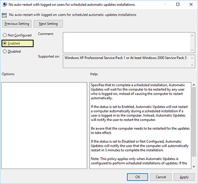 A screenshot of the No auto-restart with logged on users for scheduled automatic updates installations dialog