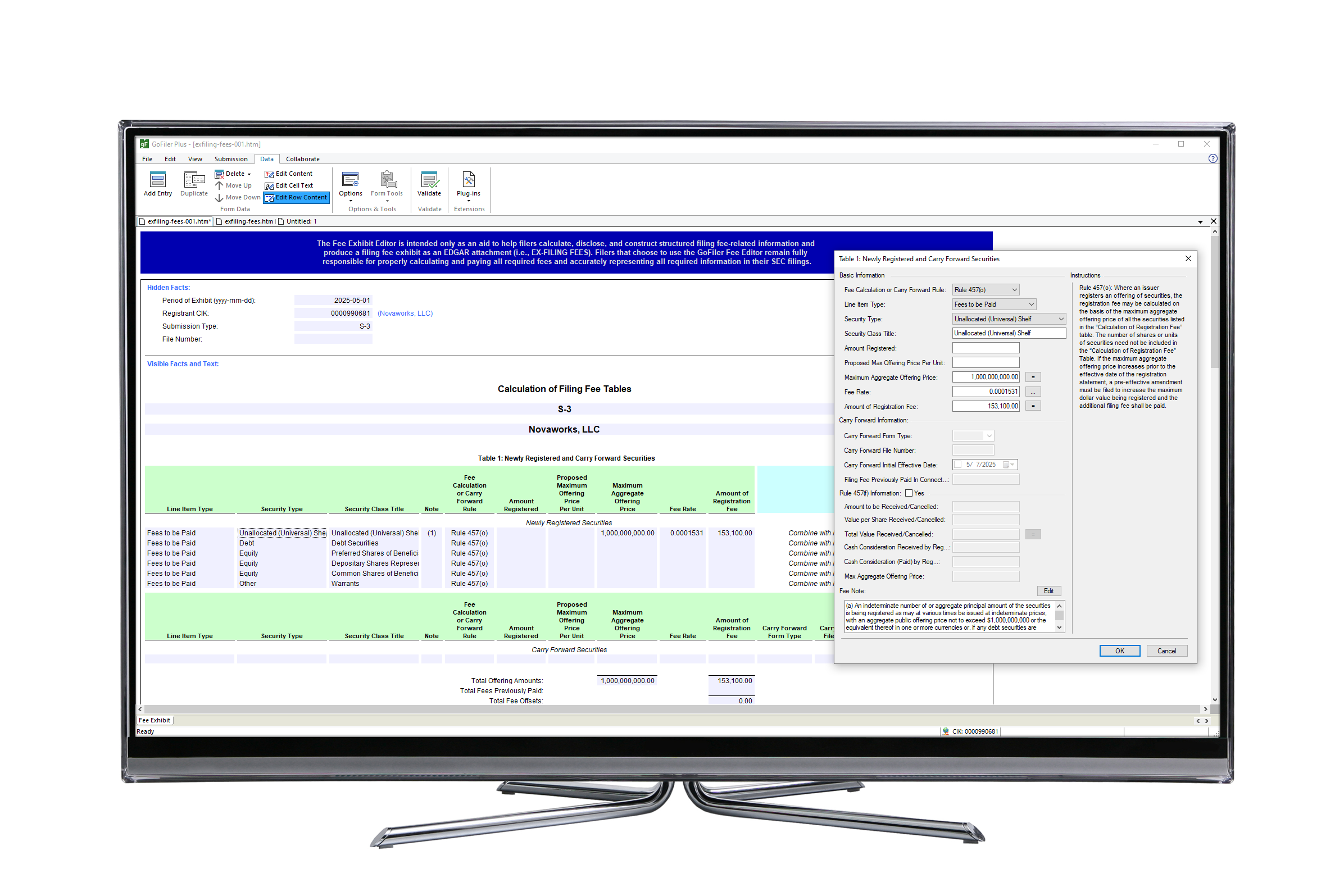 A computer monitor displaying FEE View in GoFiler
